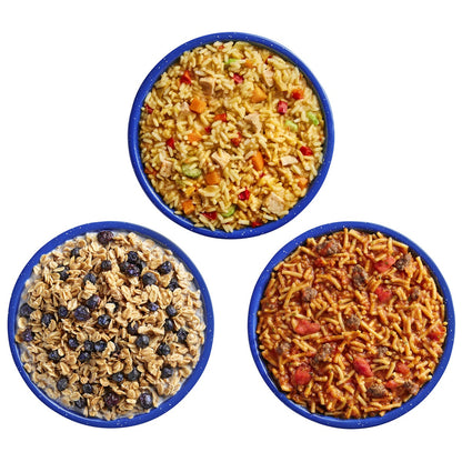 Assorted Mountain House emergency meal cans
