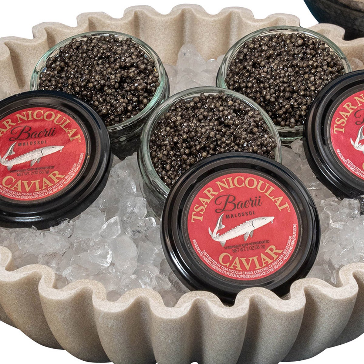 Vacuum sealed Tsar Nicoulai caviar containers