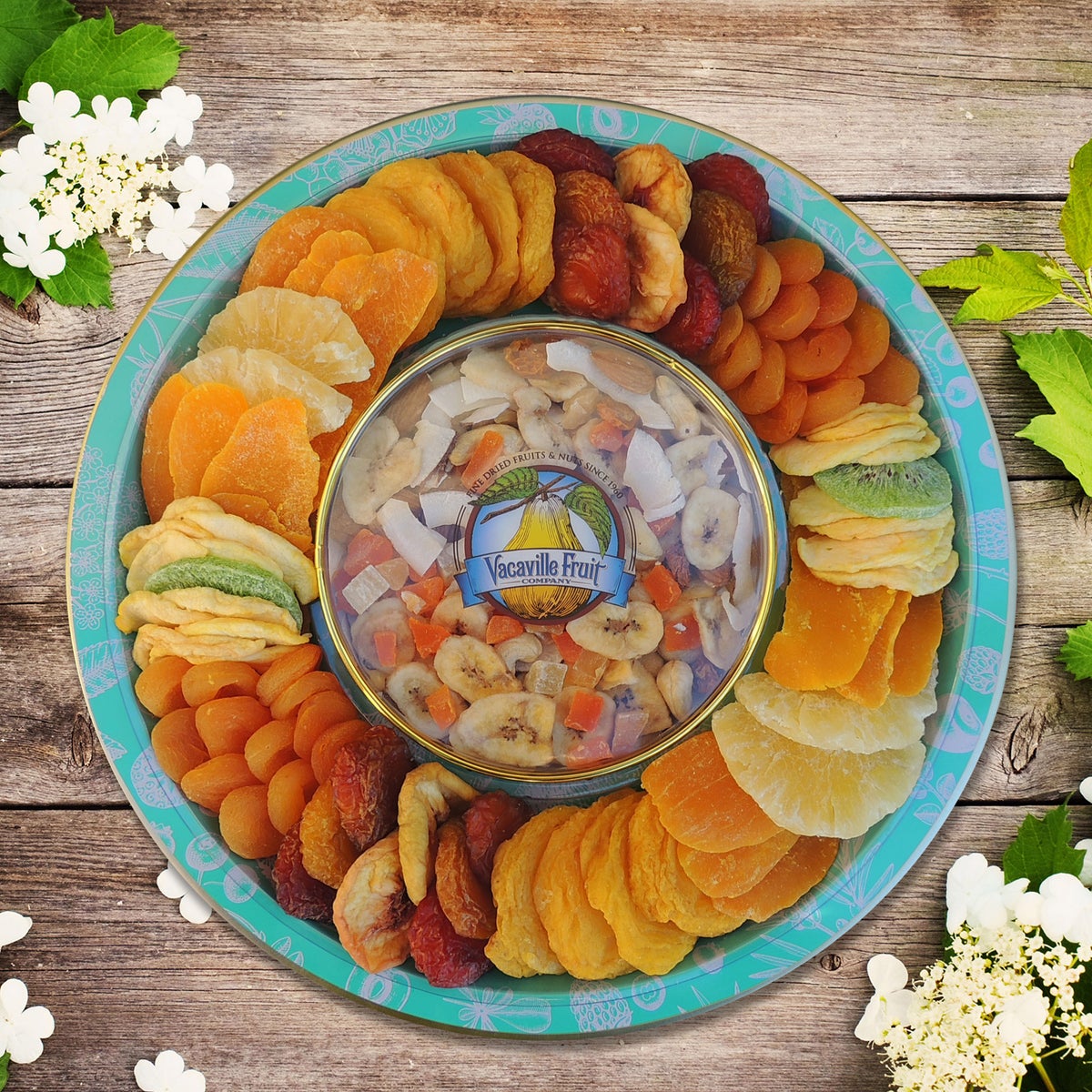 Vacaville dried fruit and tropical medley spring tin tray