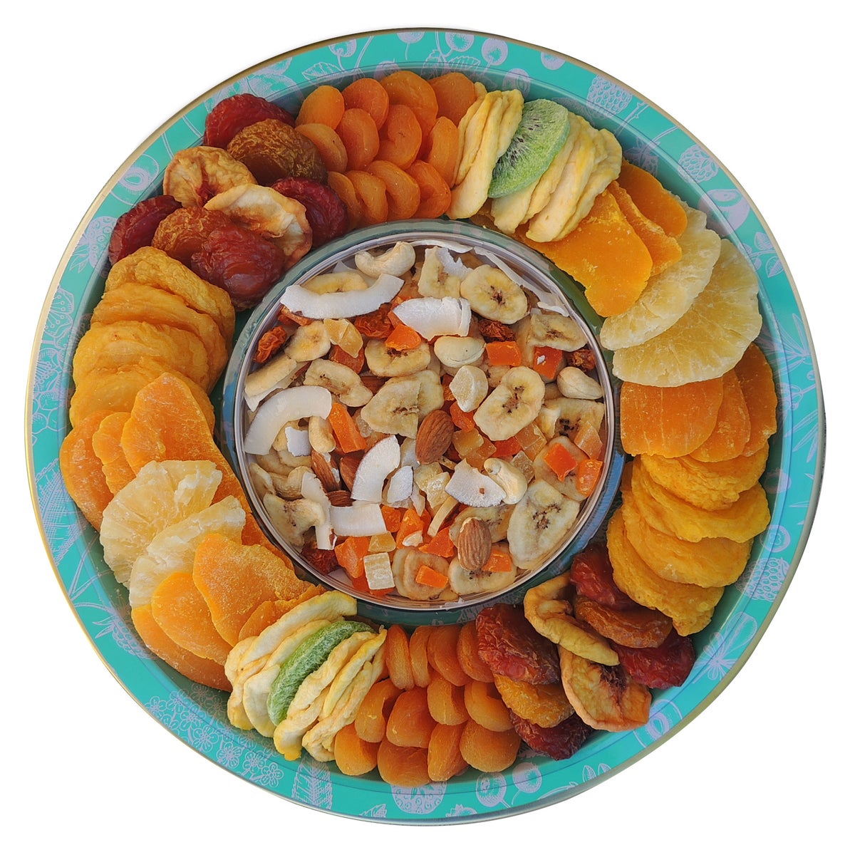 Decorative spring tin tray with dried fruit assortment