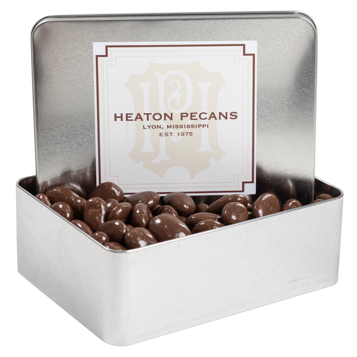 Heaton Pecans milk chocolate covered pecan tin