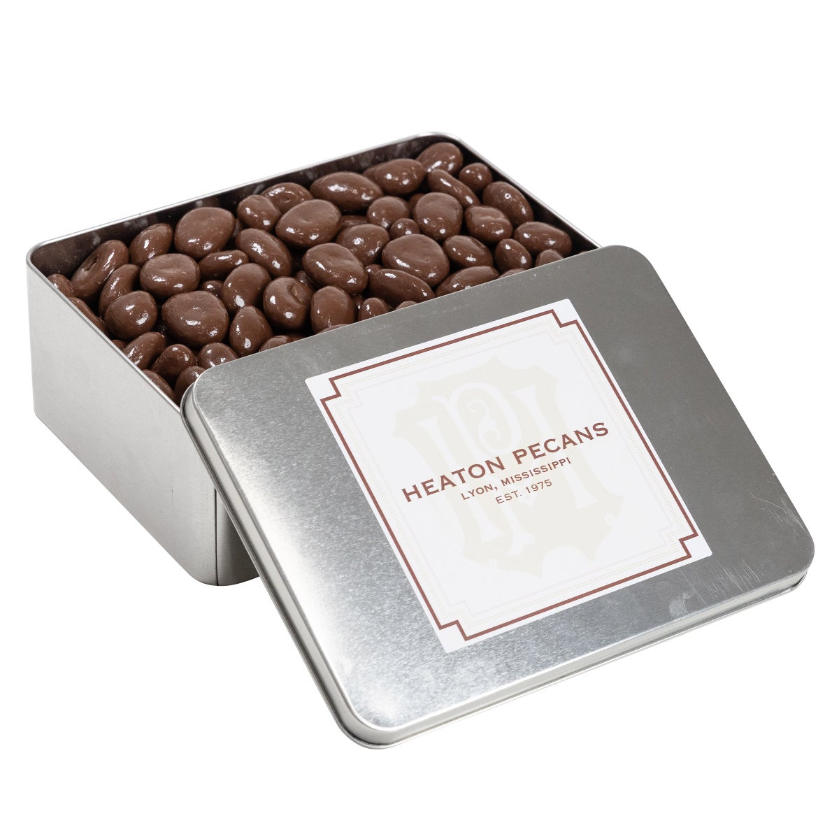 Large square tin of chocolate covered pecans