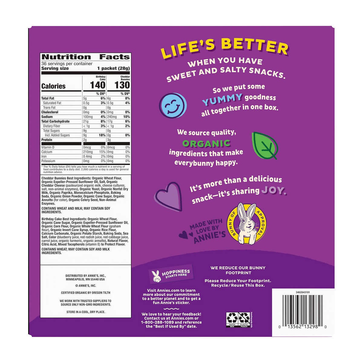 Annie's organic 36-count snack pack assortment for grab-and-go snacking