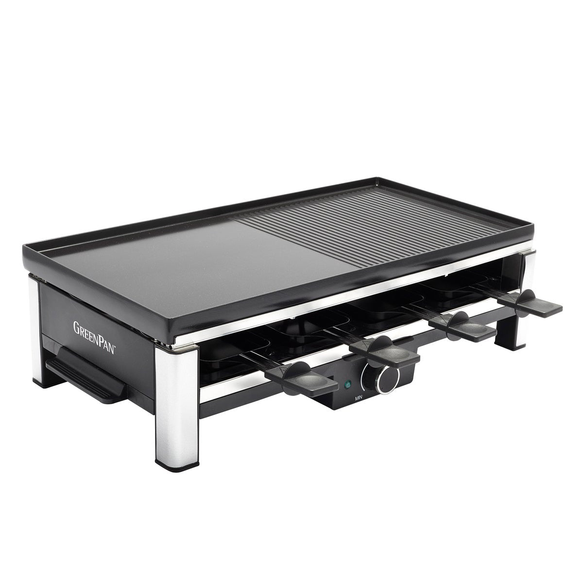 Reversible grill and griddle plate with pancake wells