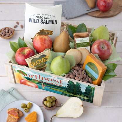 Snack crate with apples pears salmon cheese and crackers