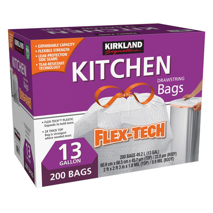 White drawstring Flex-Tech trash bags for kitchen use