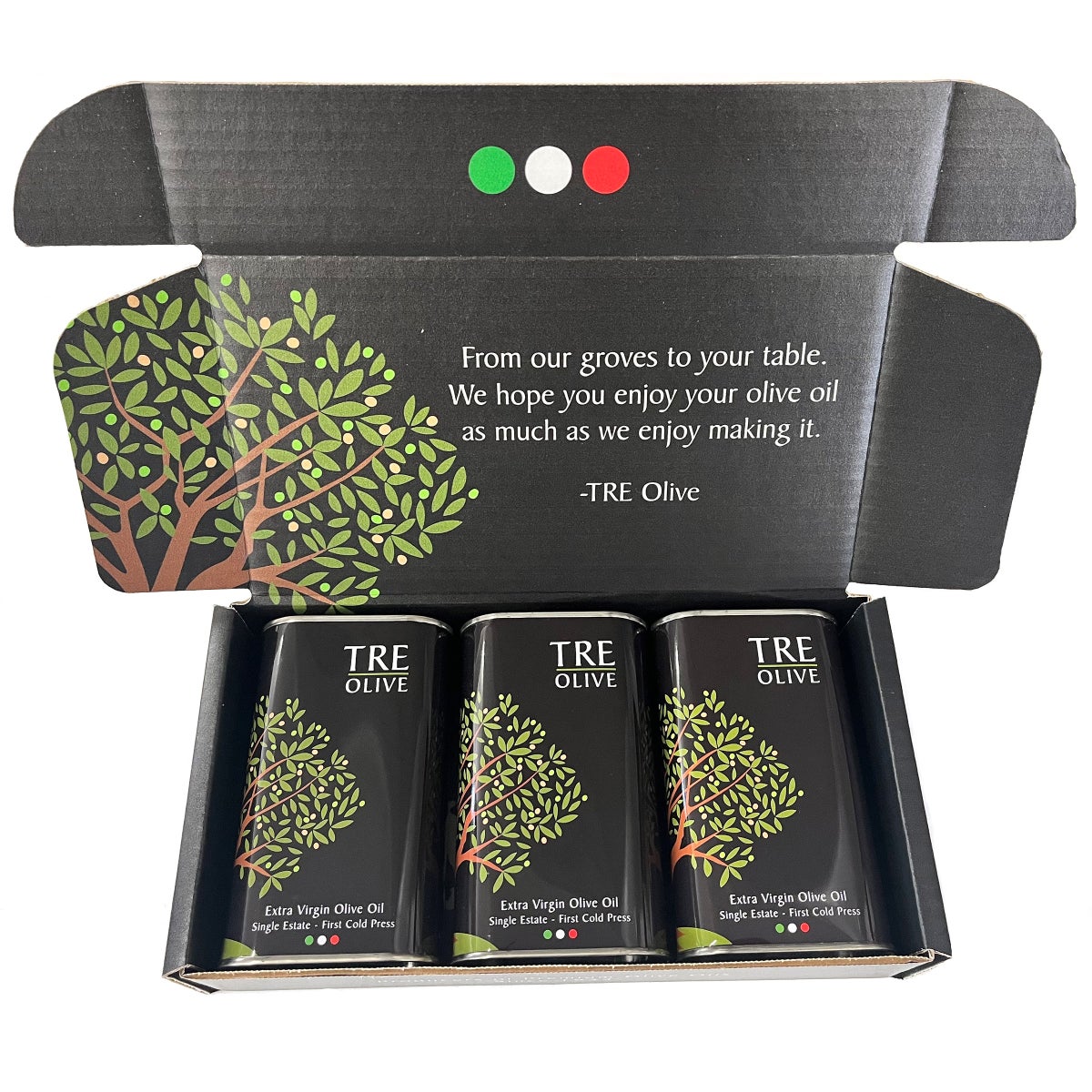 TRE Olive extra virgin olive oil variety gift box with three tins