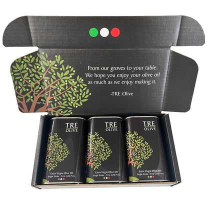 TRE Olive extra virgin olive oil variety gift box with three tins