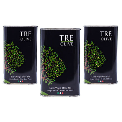 TRE Olive Primo Early Harvest and Signature Estate olive oil tins