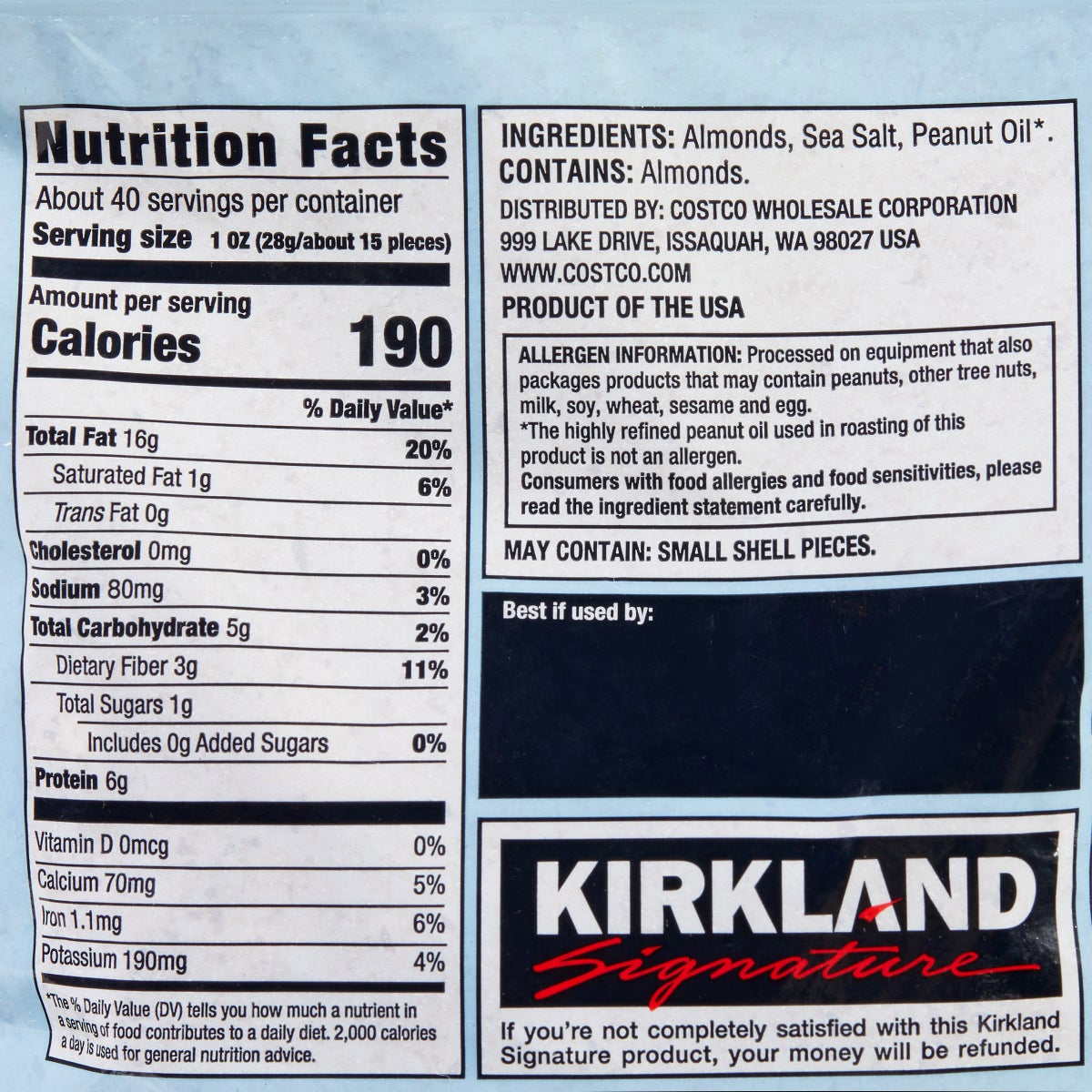 Product of USA roasted almonds by Kirkland Signature