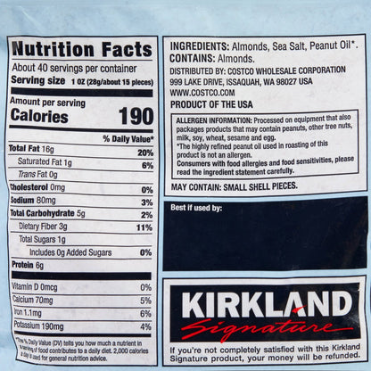 Product of USA roasted almonds by Kirkland Signature