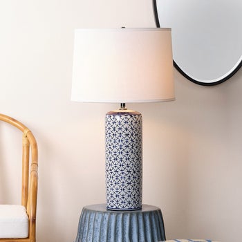 Jamie Young Co. Olina blue and white ceramic table lamp with linen shade