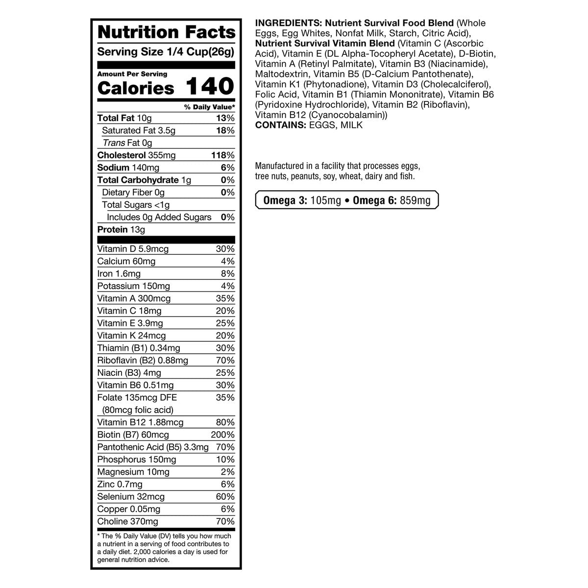 Long shelf life powdered vitamin eggs preparedness kit