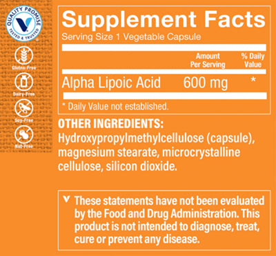 Alpha Lipoic Acid supplement with 120 vegetable capsules