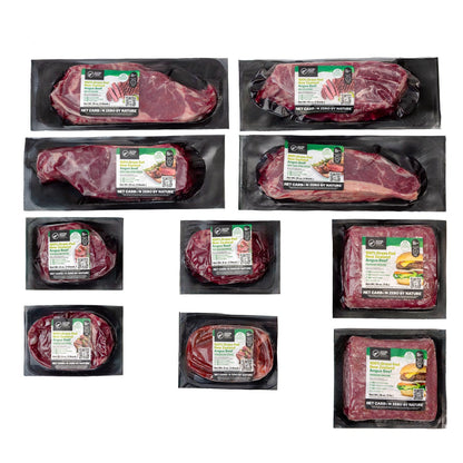 Grass-fed ribeye steaks in premium meat box
