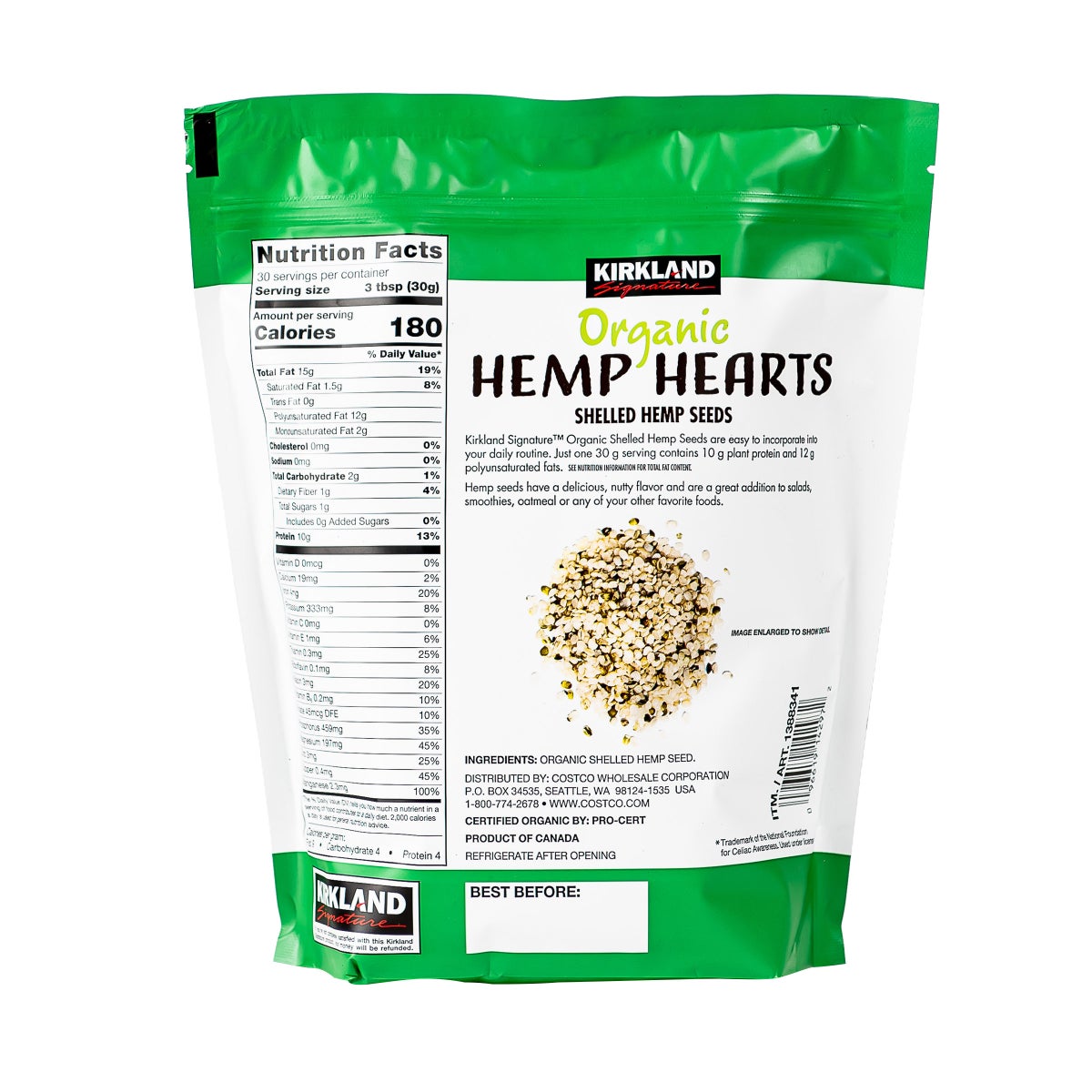 Three-pack Kirkland Signature hemp hearts total 6 lbs