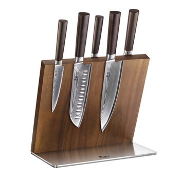Cangshan Sobu Series Damascus steel knife block set with acacia magnetic block