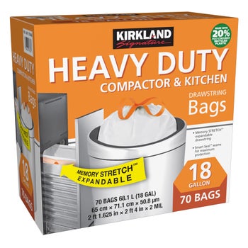 Kirkland Signature 18-gallon compactor and kitchen trash bags, 70-count