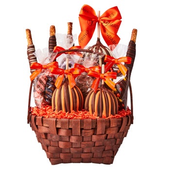 Mrs Prindables fall caramel apple gift basket with chocolate pretzel treats