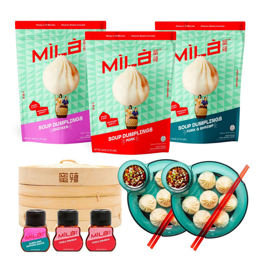 Mila Xiao Long Bao soup dumpling starter pack with bamboo steamer and dipping bowls
