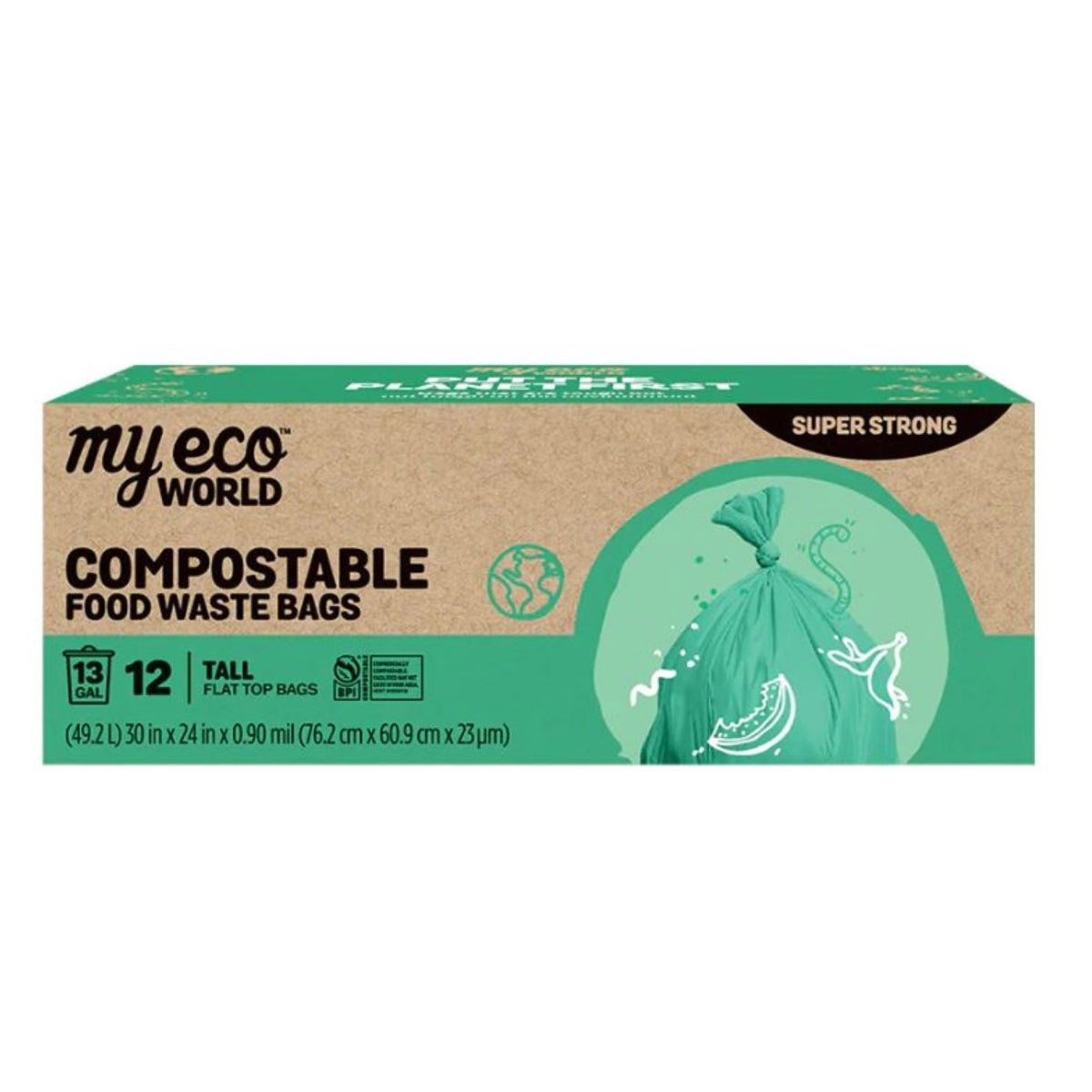Green compostable kitchen trash bags with flap top