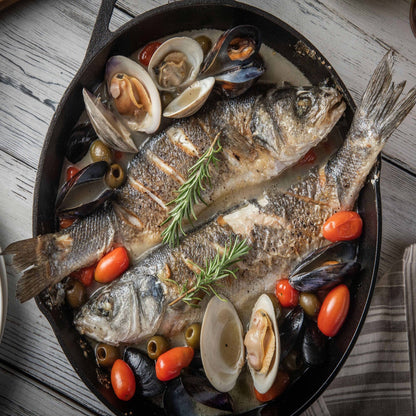 Frozen cleaned branzino fish for cooking