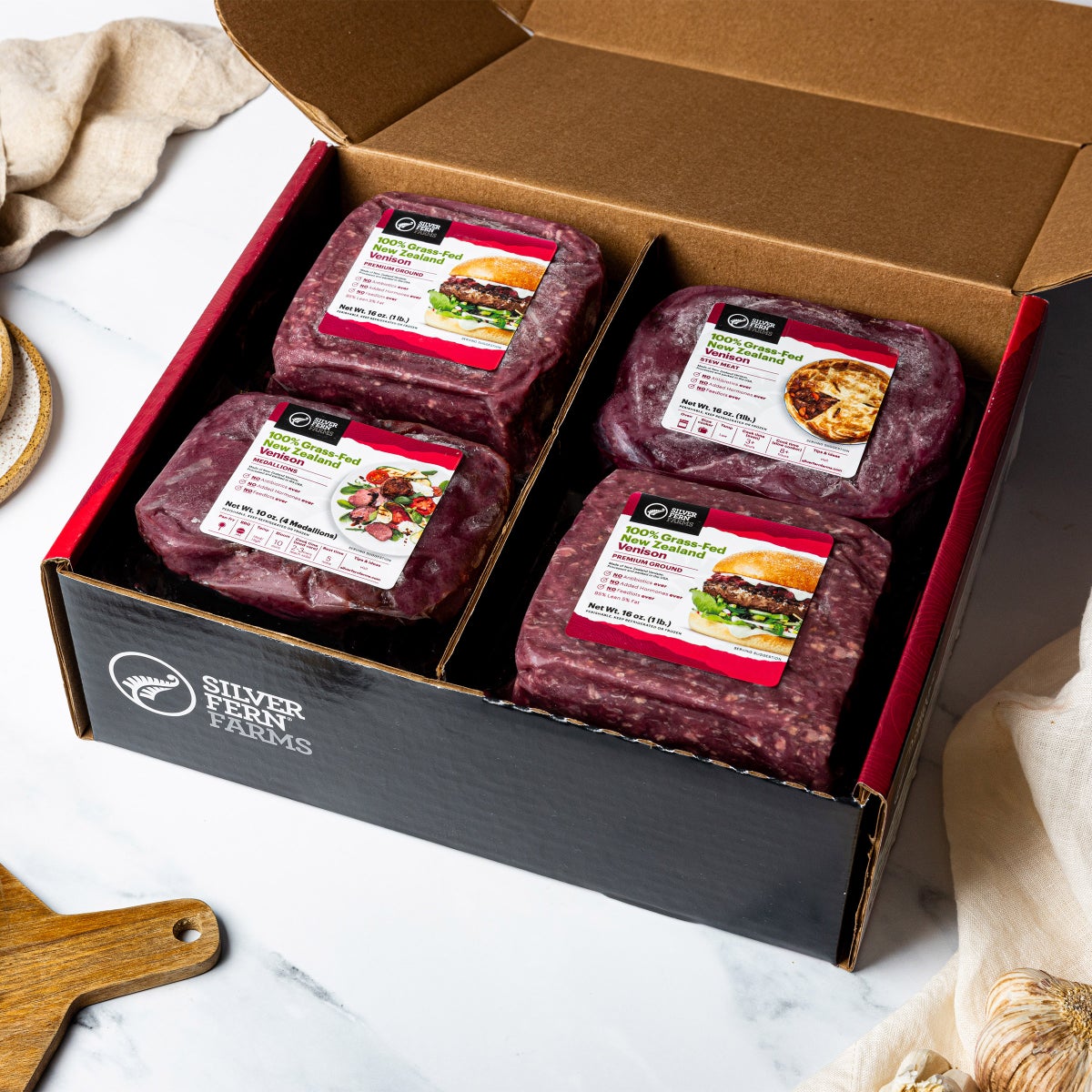 Nine-pack venison assortment with total weight shown