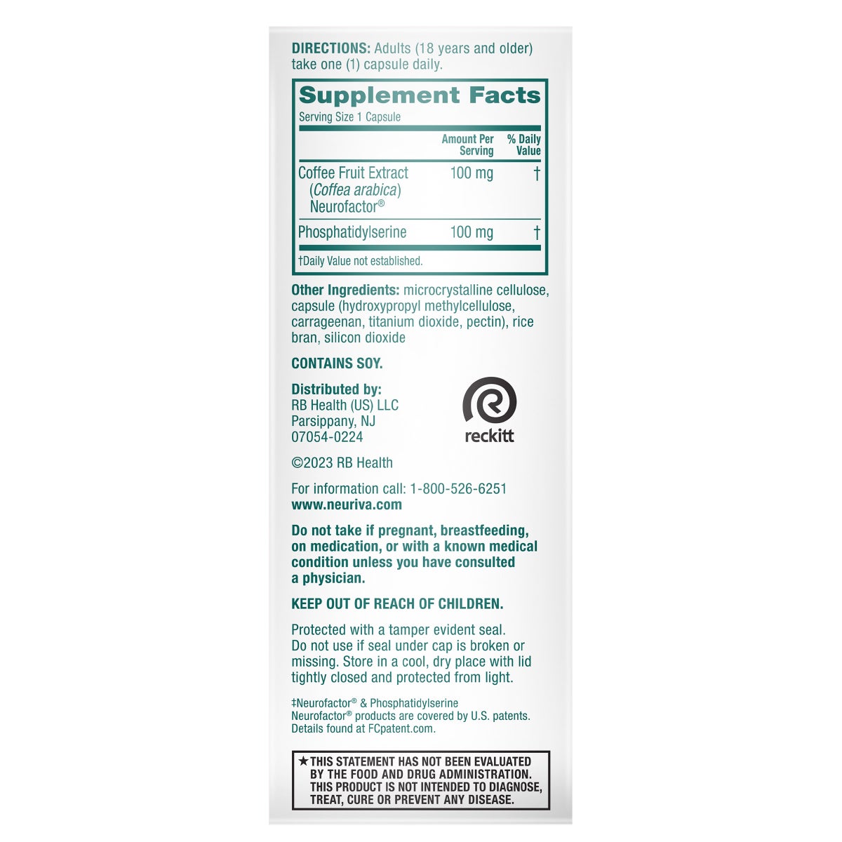 Neuriva decaffeinated vegetarian supplement front label