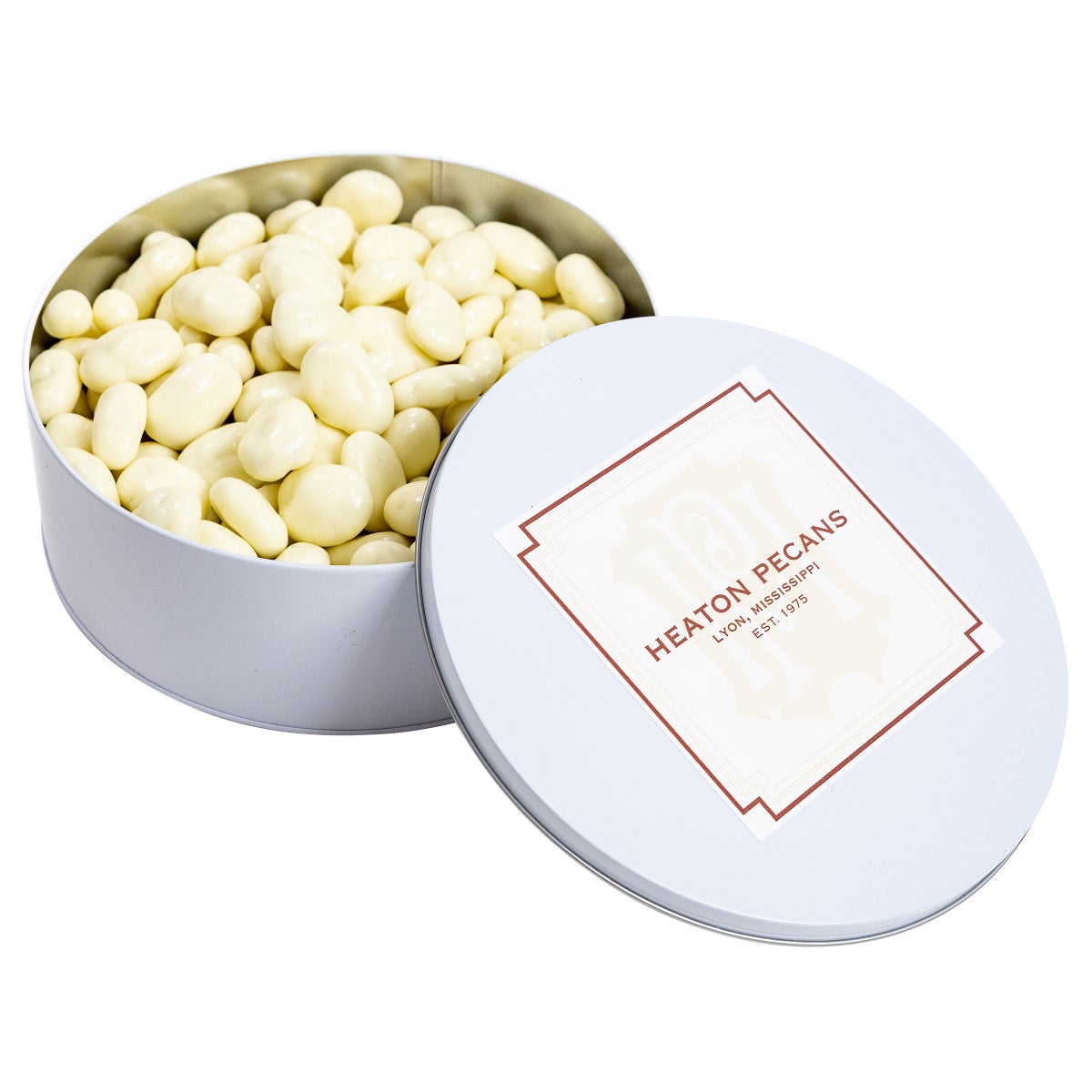 Heaton Pecans white chocolate covered pecans gift tin