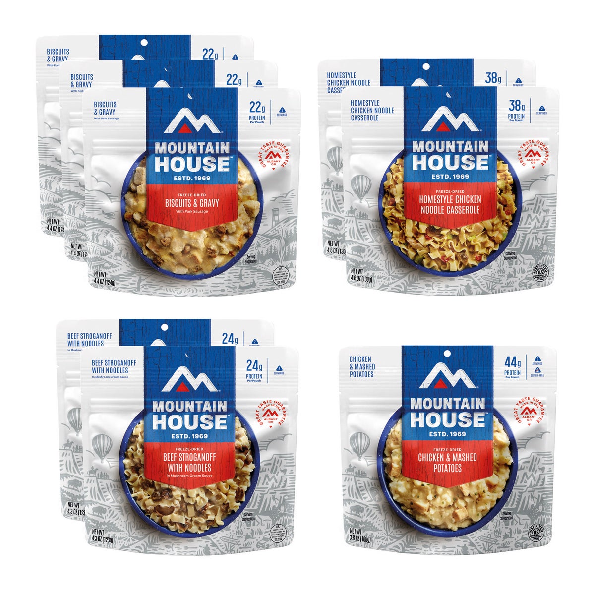 Mountain House outdoor meal assortment in pouch packaging