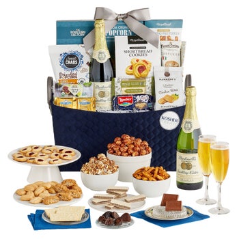 Design Pac kosher gourmet gift basket with cookies popcorn pretzels and sparkling cider