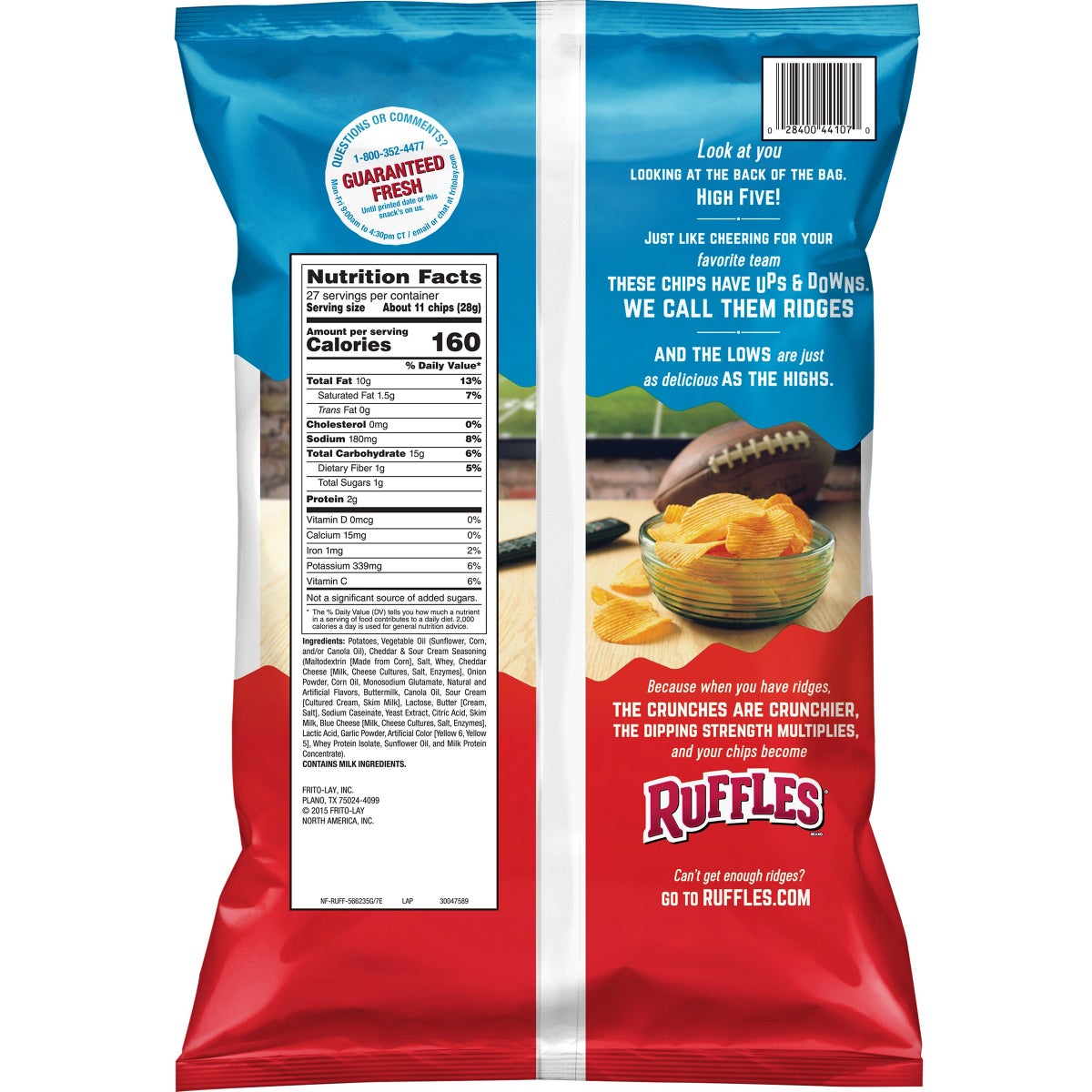 Ruffles ridged potato chips with cheddar and sour cream flavor