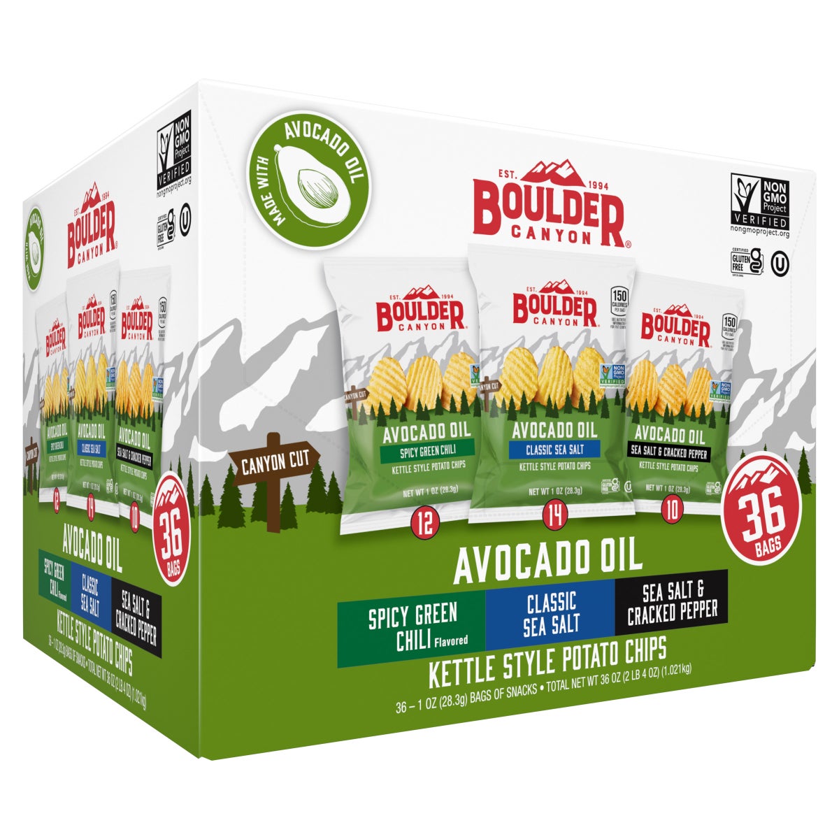 Boulder Canyon kettle style potato chips variety pack 36 count