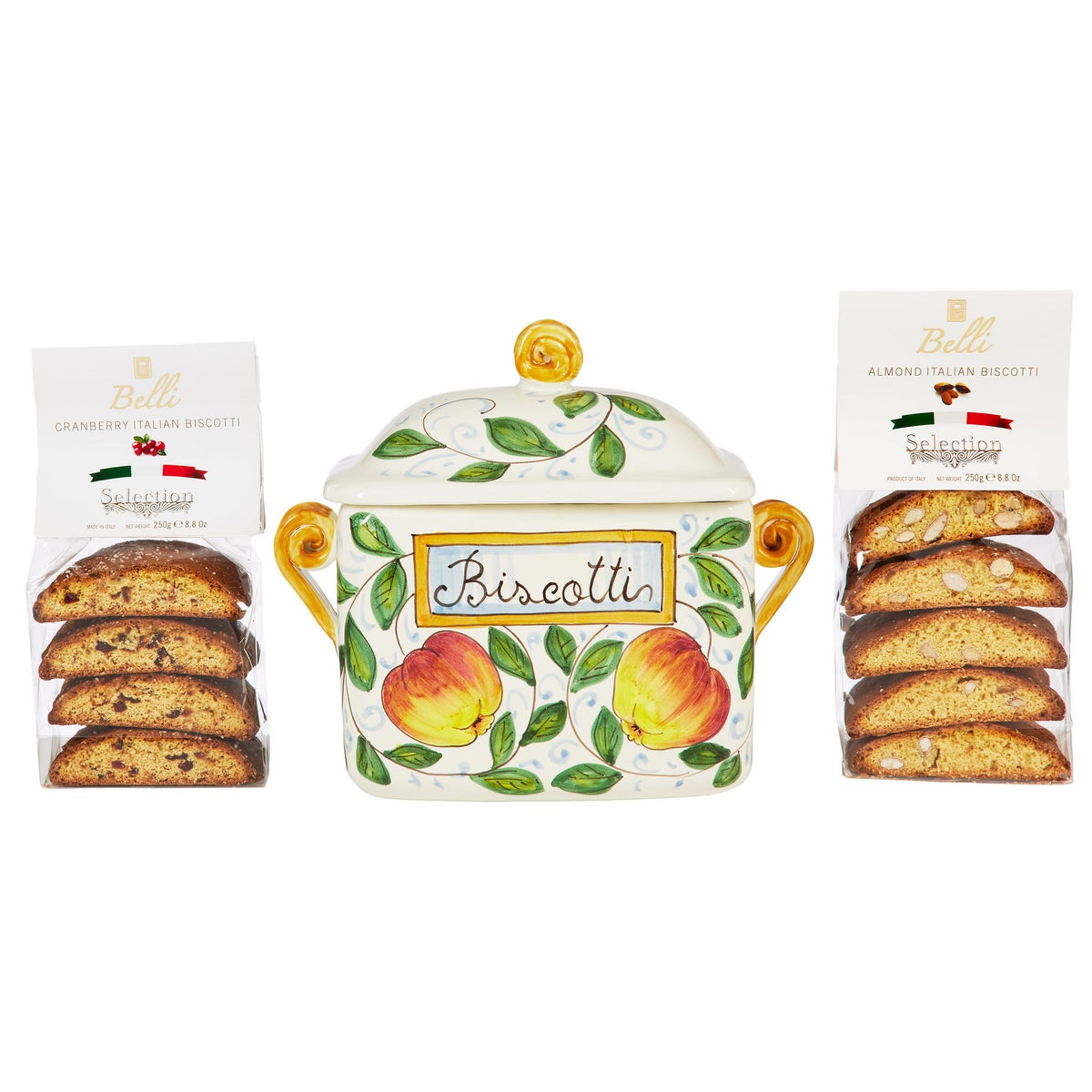Hand painted ceramic treat jar with biscotti