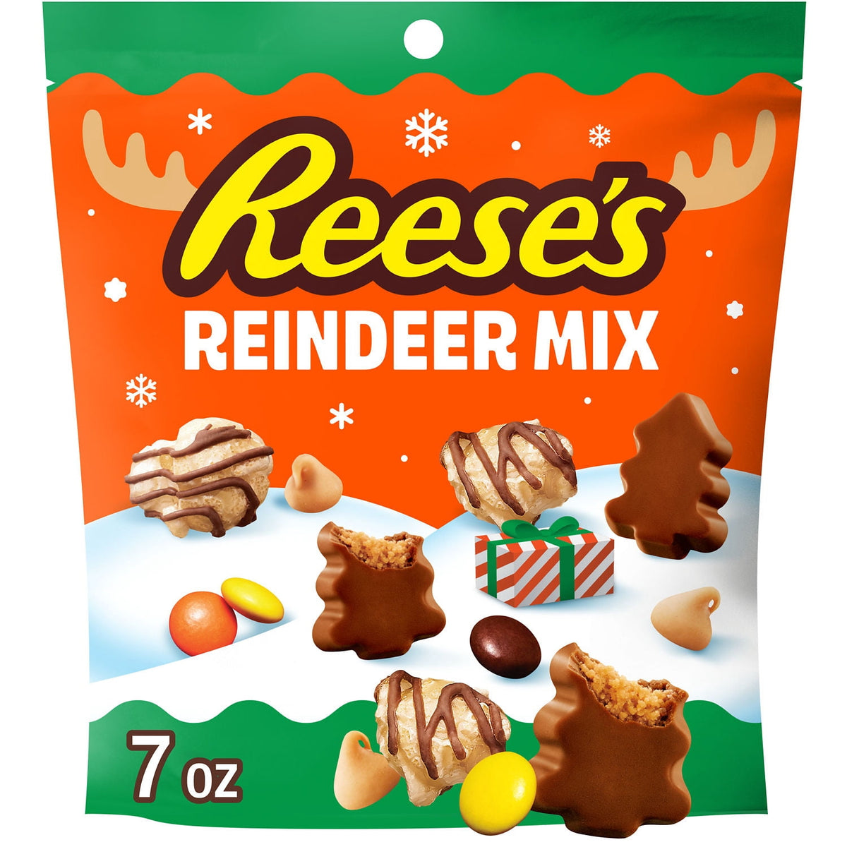 REESE'S Christmas snack mix with chocolate drizzled popcorn