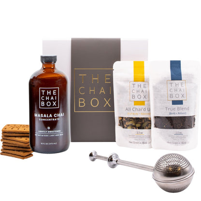 The Chai Box chai gift set with biscuits and steeper