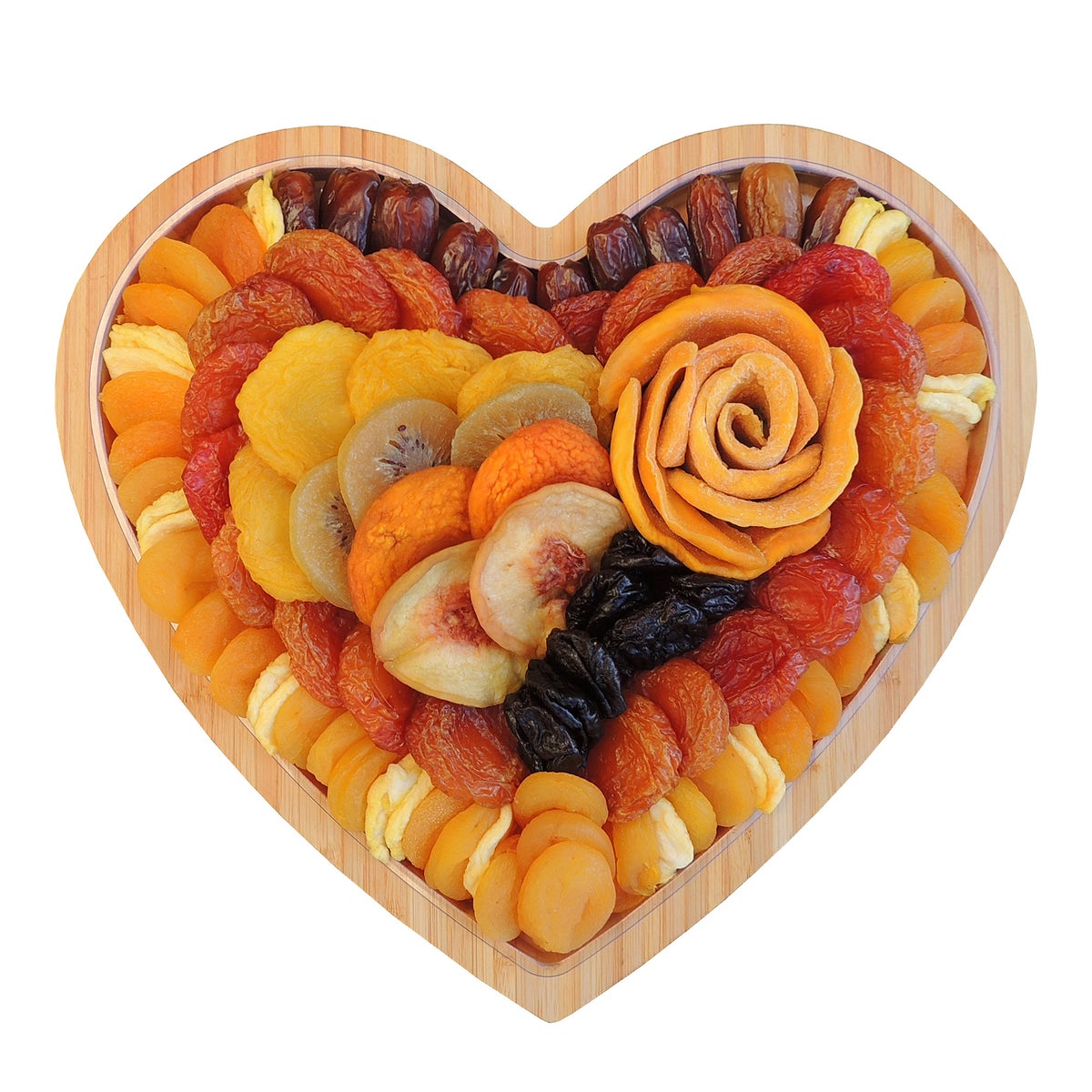 Vacaville Fruit Company dried fruit heart shaped bamboo tray