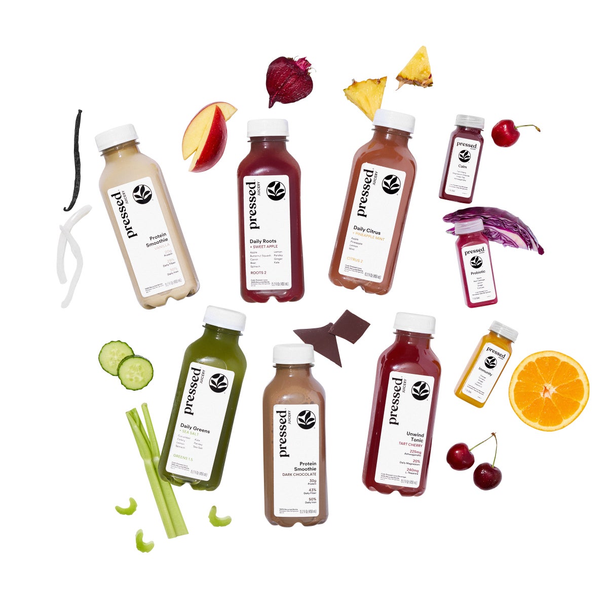 Pressed cleanse bottles with juices and shots