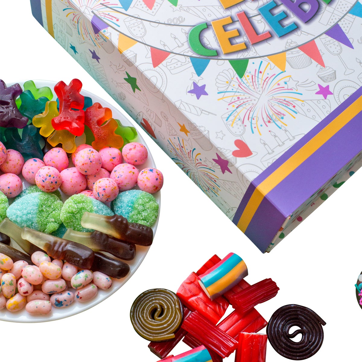 Colorful treat gift box with jelly beans and gummies