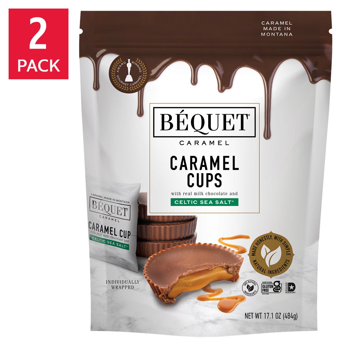 Bequet chocolate caramel cups 2-pack in resealable pouches