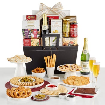 Design Pac Refined Gourmet Selection Gift Tote with cookies olives peppers and sparkling cider