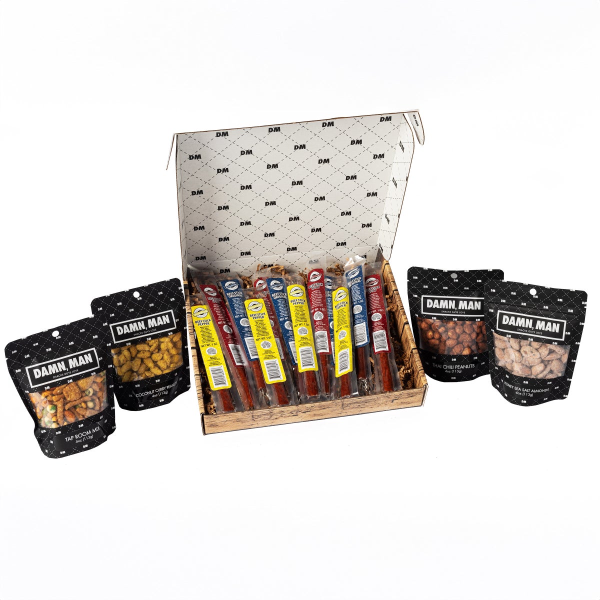 Savory nut mix and beef stick assortment