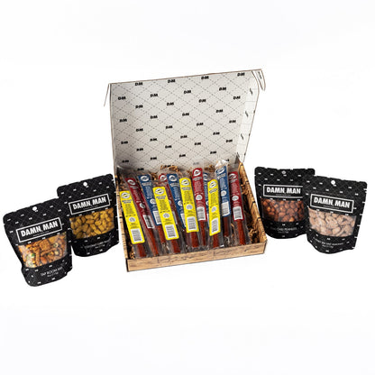 Savory nut mix and beef stick assortment