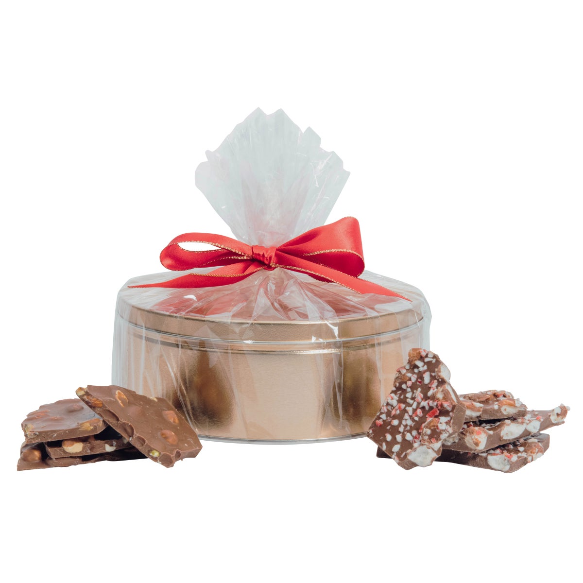Marshmallow hot cocoa chocolate bark in tin