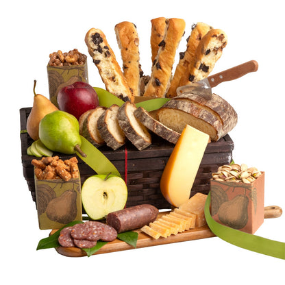 Savory gift basket with bread cheese salami and fruit