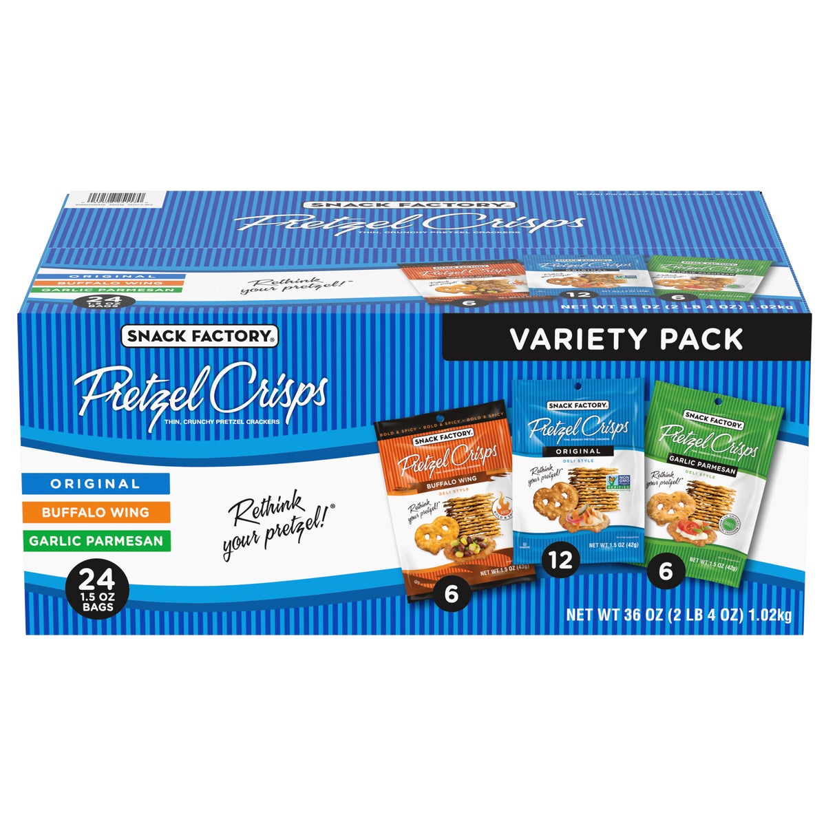 Snack Factory Pretzel Crisps variety pack 24-count box