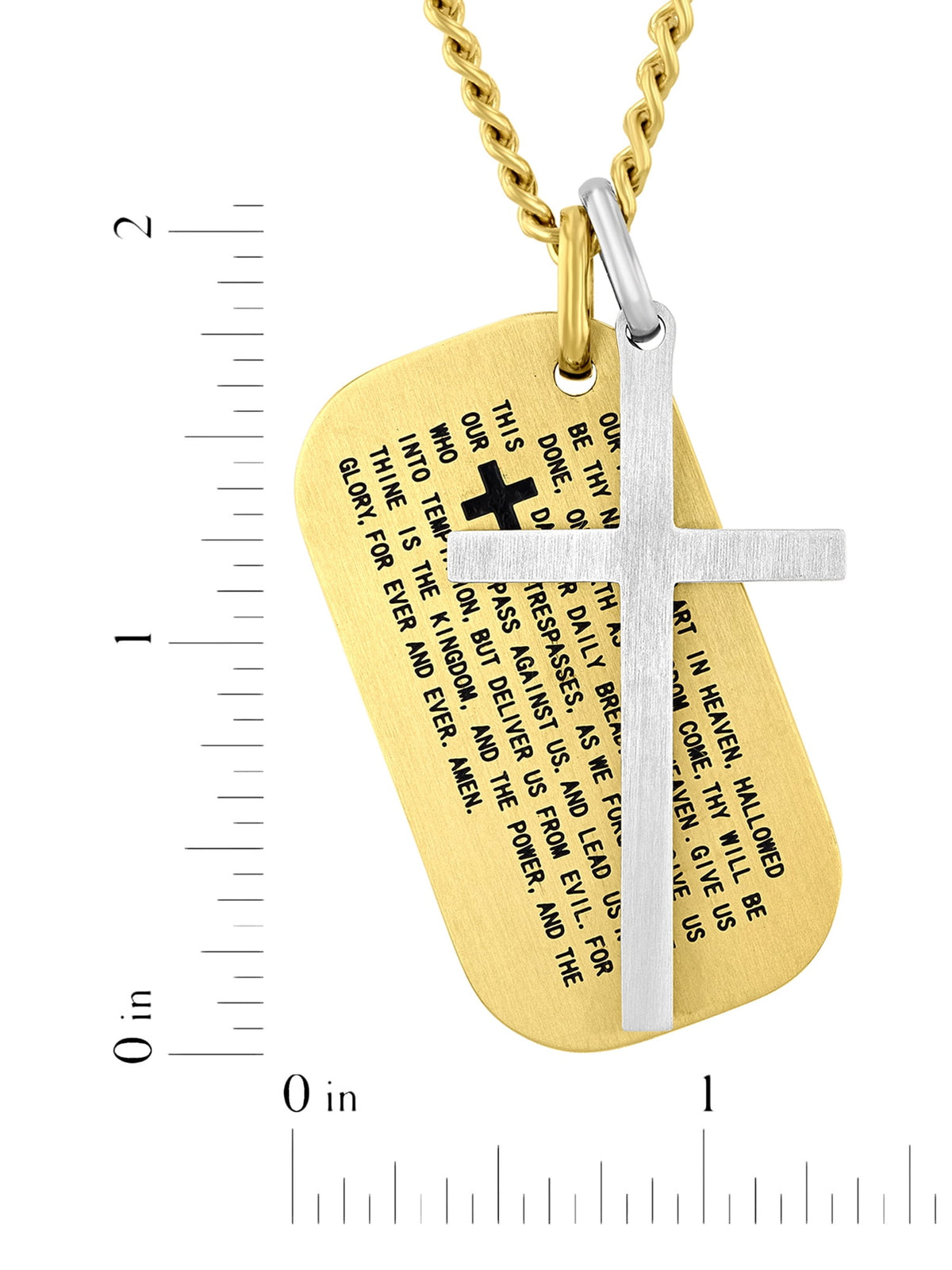 Lord's Prayer dog tag with black lettering on a gold backdrop