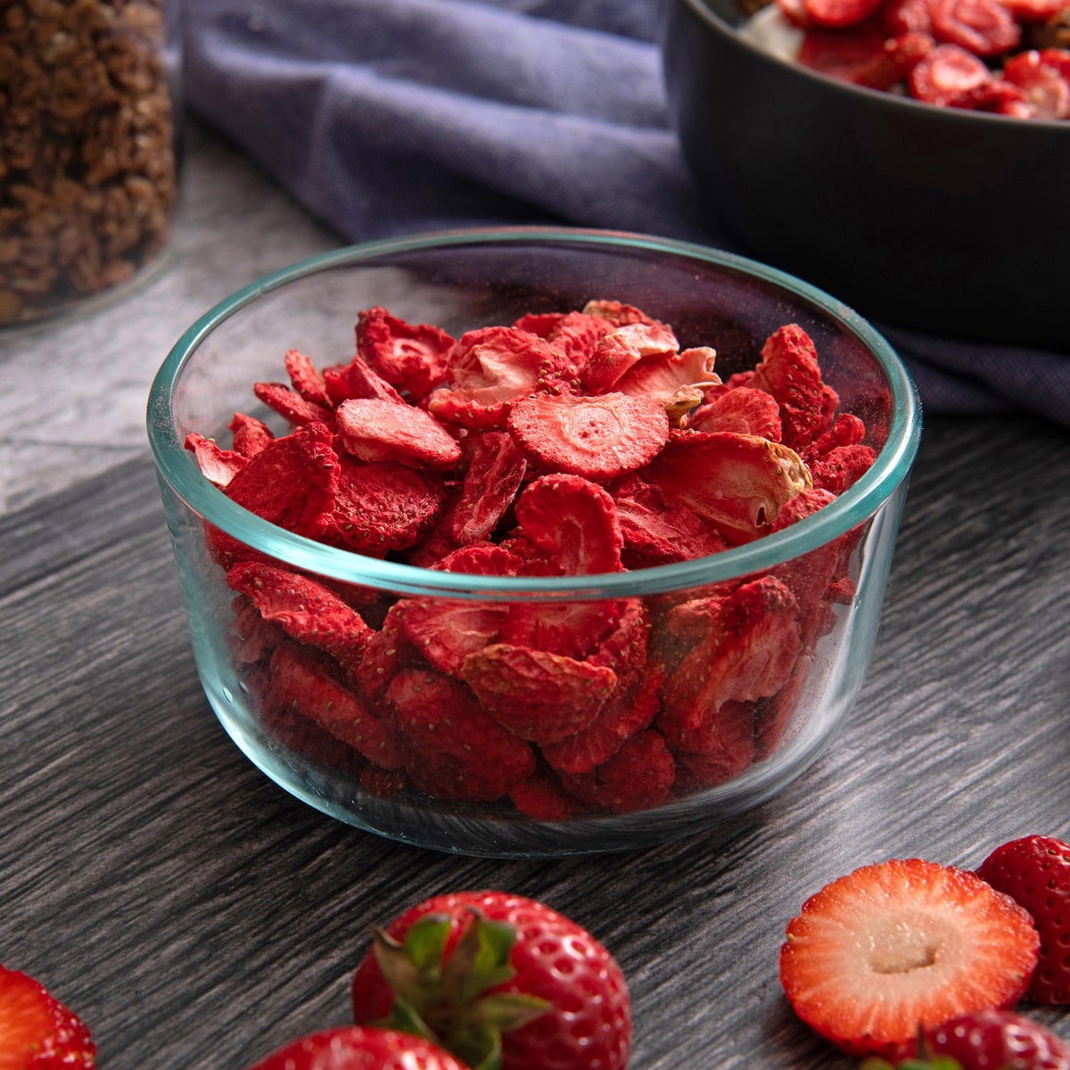 Freeze dried strawberry slices in storage container