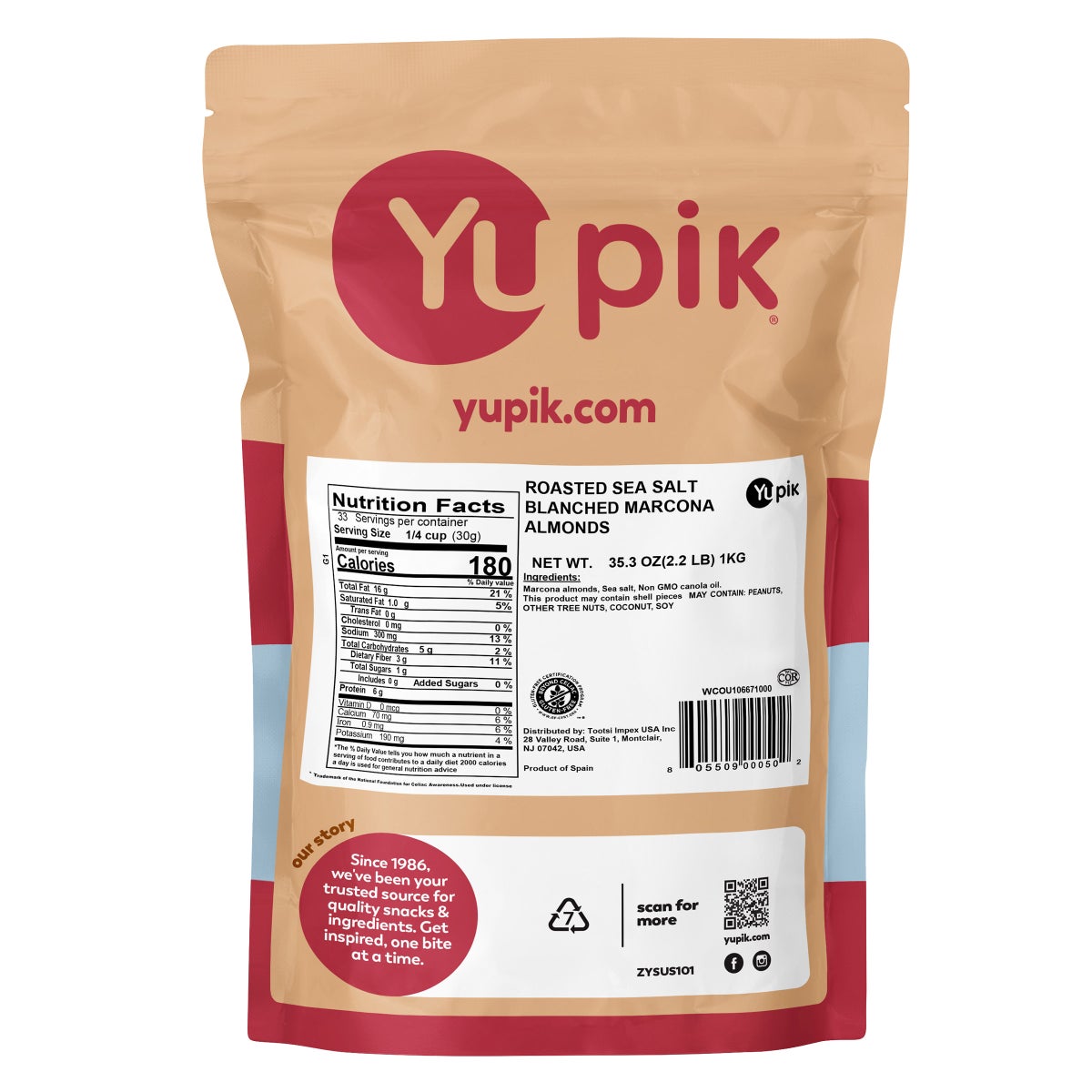 Sea salted blanched Marcona almonds in premium snack packaging
