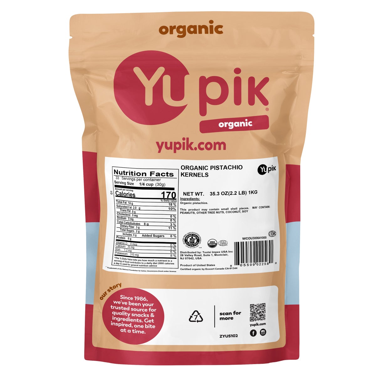 Unsalted organic pistachio kernels in bulk bag